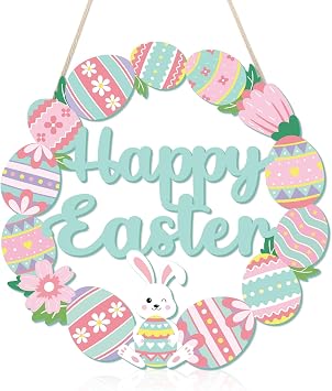COCHIE Happy Easter Decorations Sign, Bunny Eggs Wood Wreath for Front Door Porch Window Wall Hanging Decor, Pink Green Spring Decoration for the Home Bunny Egg