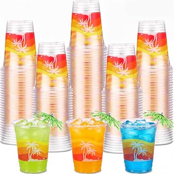 Rtteri 100 Pcs 12oz Tropical Luau Party Cups Plastic Hawaiian Coconut Tree Drinking Cups Bulk Disposable Sunset Palm Tree Tiki Drinkware for Summer Beach Party Supplies Luau Hawaiian Decorations
