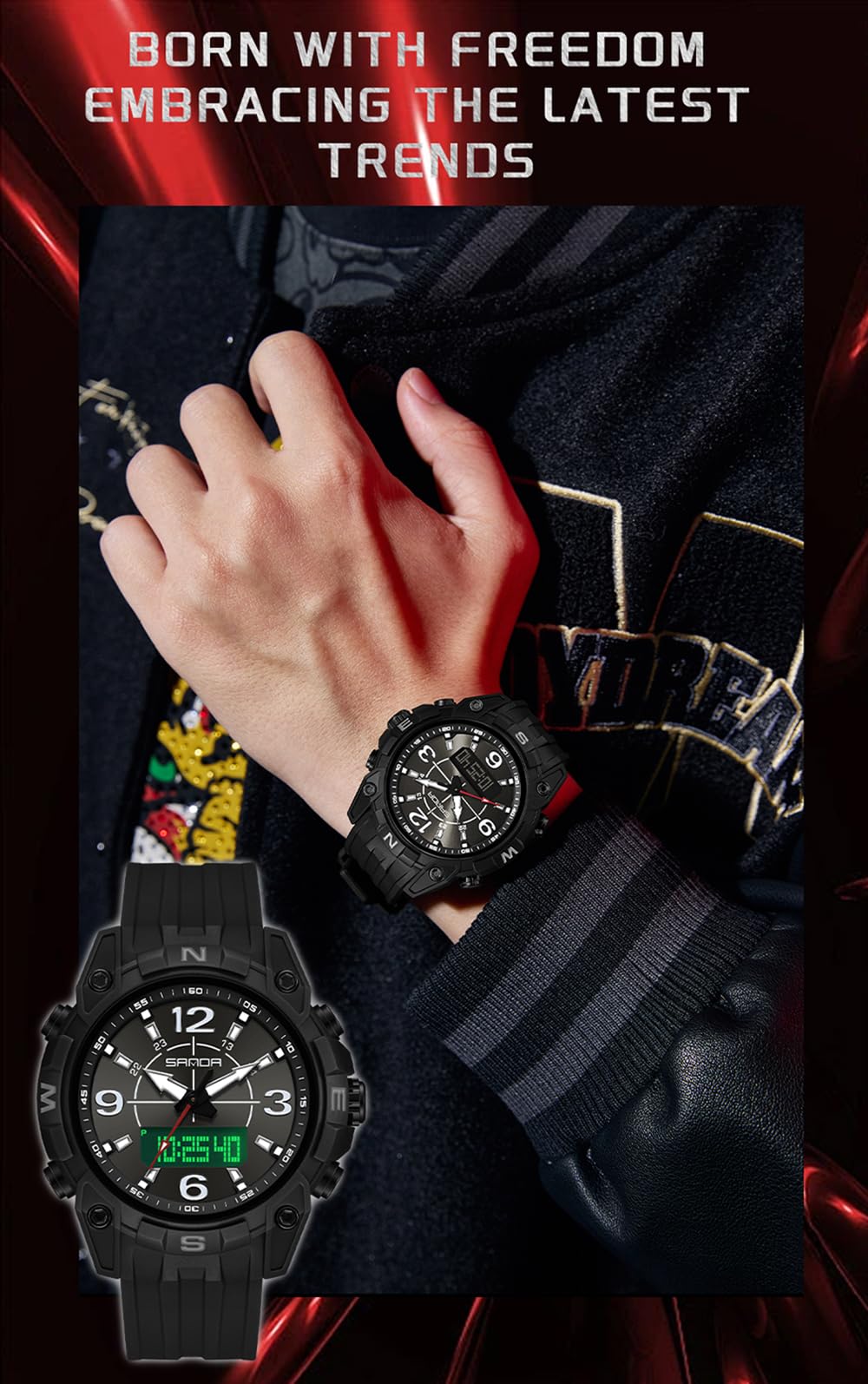 FANMIS Orologio sportivo da uomo, analogico, digitale, resistente all'acqua fino a 5 atm, per escursionismo, militare, tattico, doppio fuso orario, retroilluminazione a LED, multifunzione, sveglia