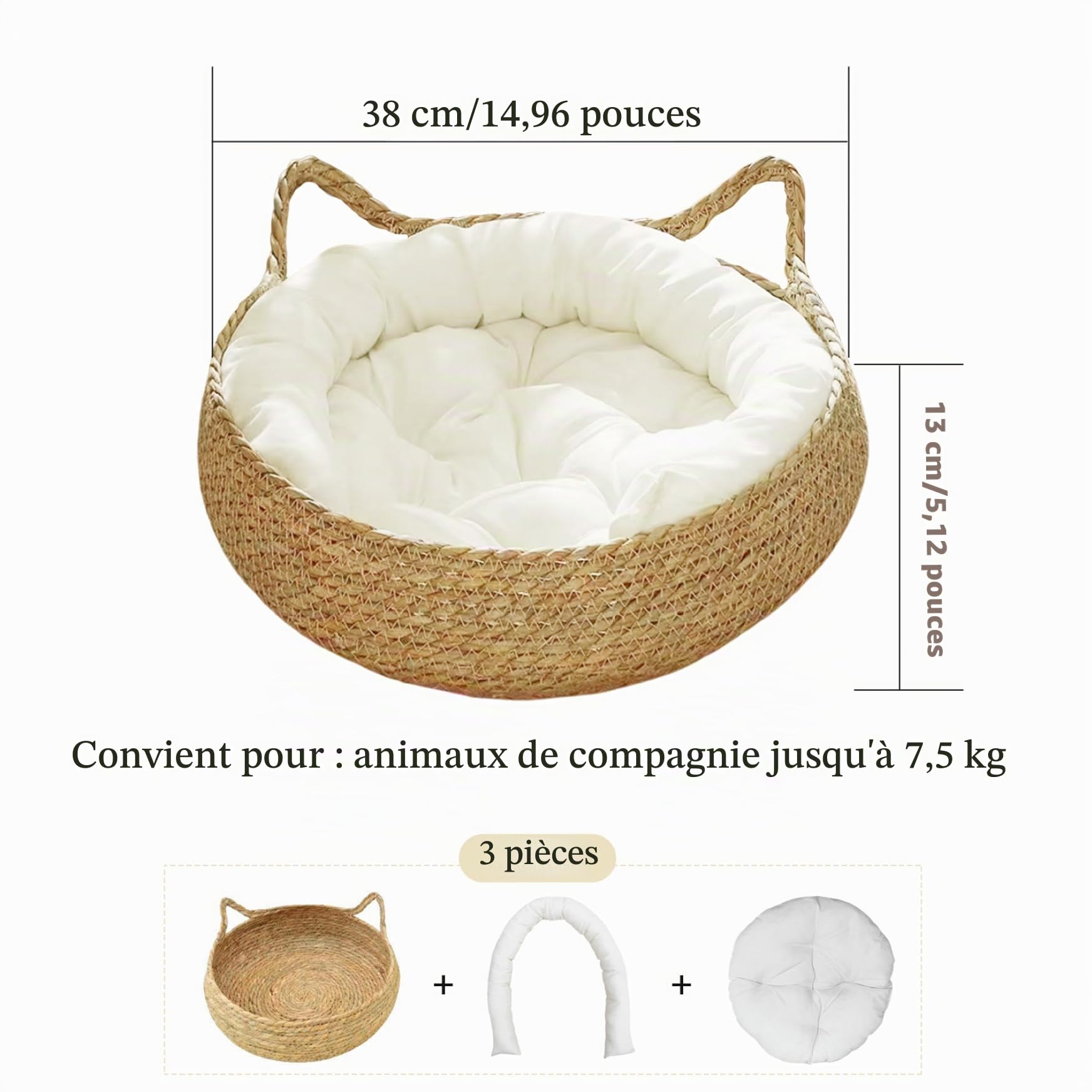 Panier rond en osier, 38,1 cm, en paille tissée avec coussin doux, forme d'oreille de chat pour chats de petite et moyenne taille