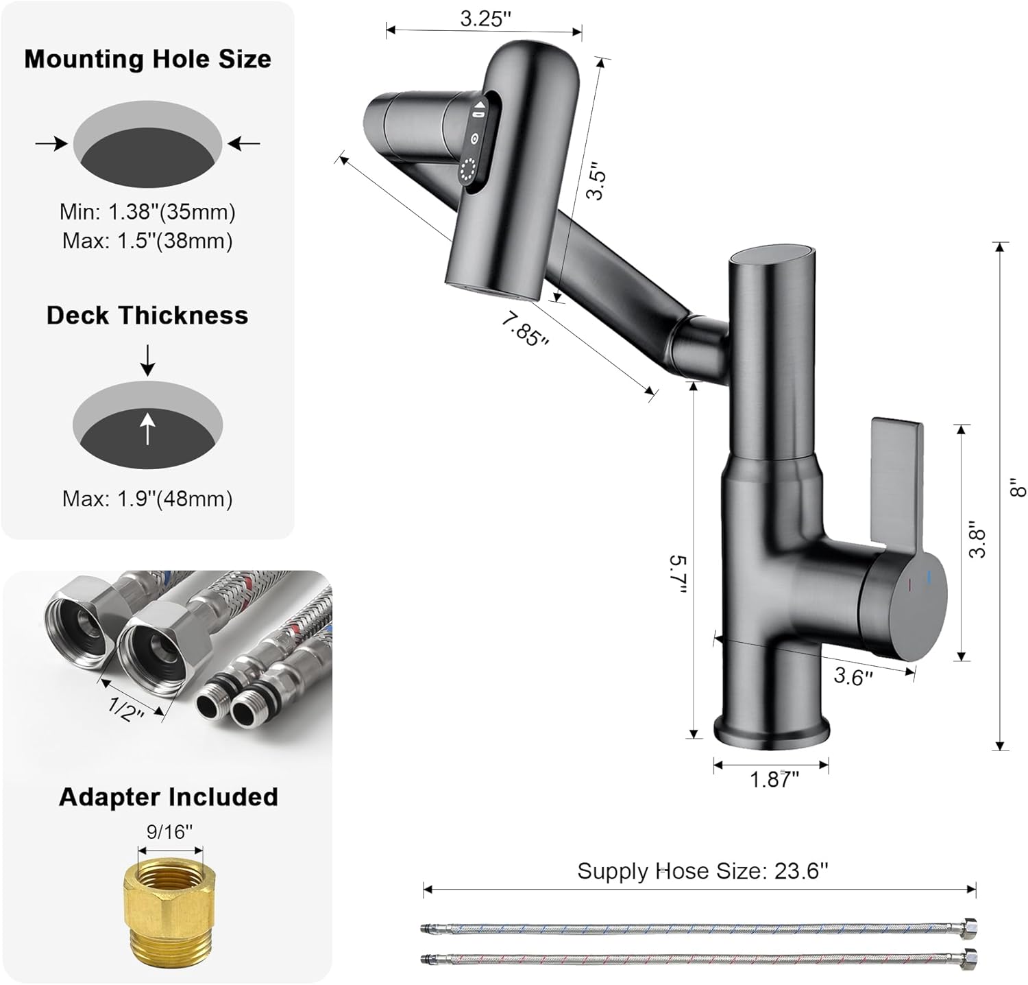 Diagram showing the dimensions and mounting hole size requirements for the faucet.