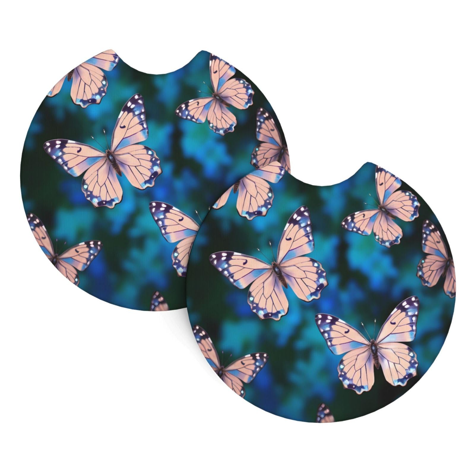 2PCS Car Coaster for Cup Holders Universal Auto Cup Mat Cute Butterflies Cup Coaster Pad 2.7" Waterproof Neoprene Non-Slip Cup Holder Coasters Car Interior Accessories for Women Men