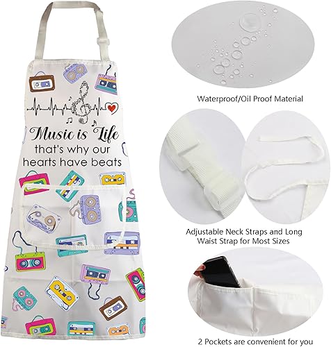 Miniatura 5 de MBMSO Delantales Beat Music con bolsillos, delantal de cintas para amantes de la música, profesor músico, delantal de notas