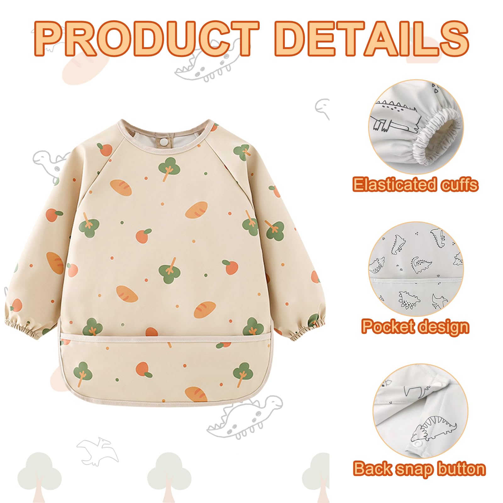 2PCS Bavoirs Manches Longues Bébé, Tablier Imperméable pour Enfants 2 à 3 Ans Motifs Arbre Dinosaure Bavoir Tablier Bébé pour Manger Jouer Peindre