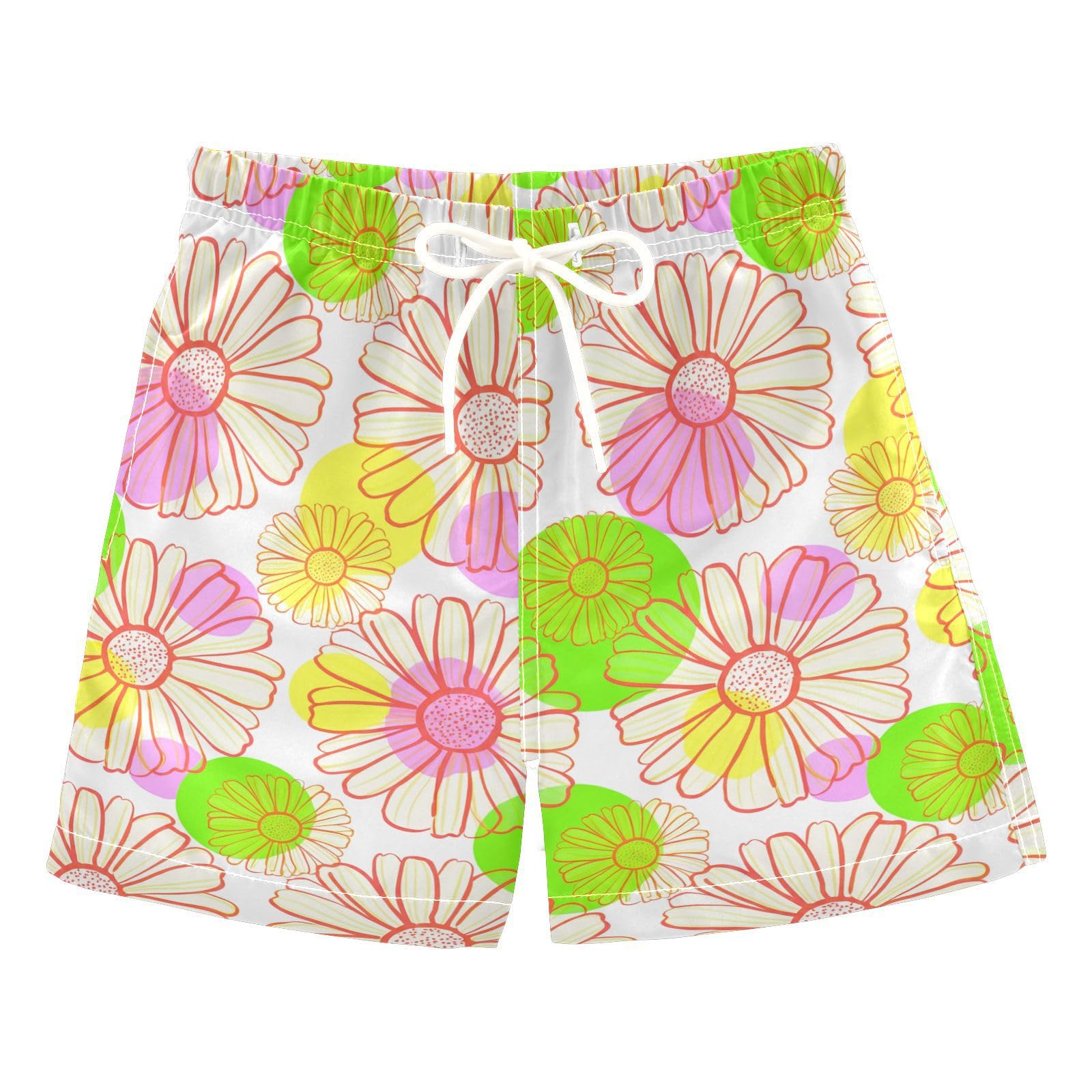 DOMIKING Daisy Colorful Boys' Swim Wear with Mesh Lining Elastic Drawstring Beach Shorts for Beach Pool Gym Quick Dry XL