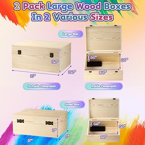 Miniatura 2 de Cajas grandes de madera sin terminar, juego de 2 tamaños, caja de madera con tapa con bisagras, cajas de madera grandes, cajas de recuerdos, para