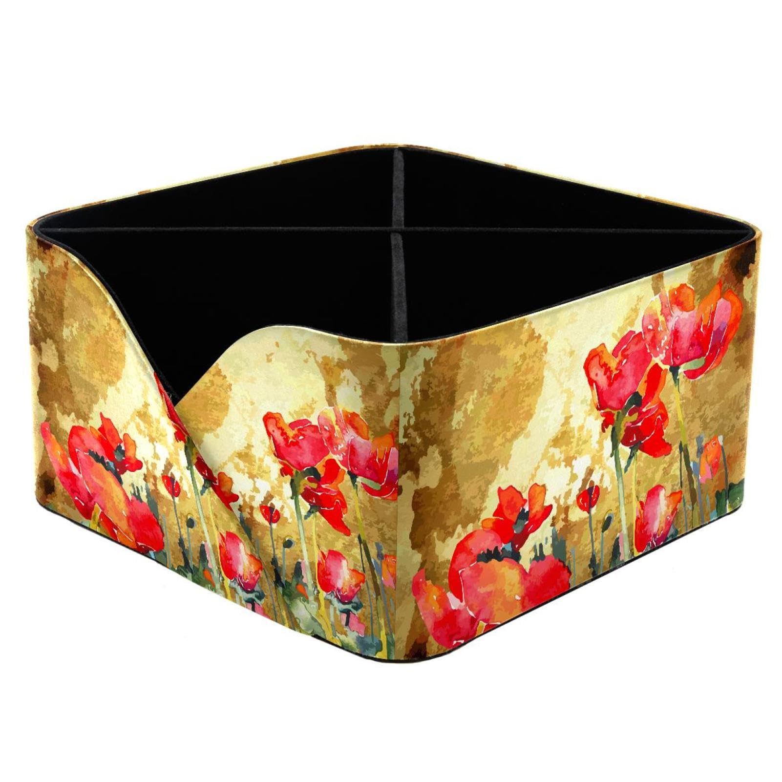 KengjuTesu Watercolor Poppy Flower Desktop Organizer Pen Holder, Rectangular Pencil Cup for Office, Study and Makeup Stations