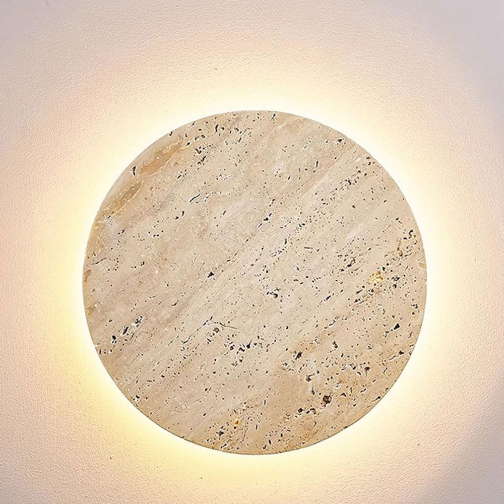 XYBZJP LED Warm Light Round Wall Lamp, Modern Minimalist Style Natural Stone Wall Light, 11.8in Yellow Travertine Wall Sconce, Bedside Living Room Corridor Decorative Lighting Fixtures