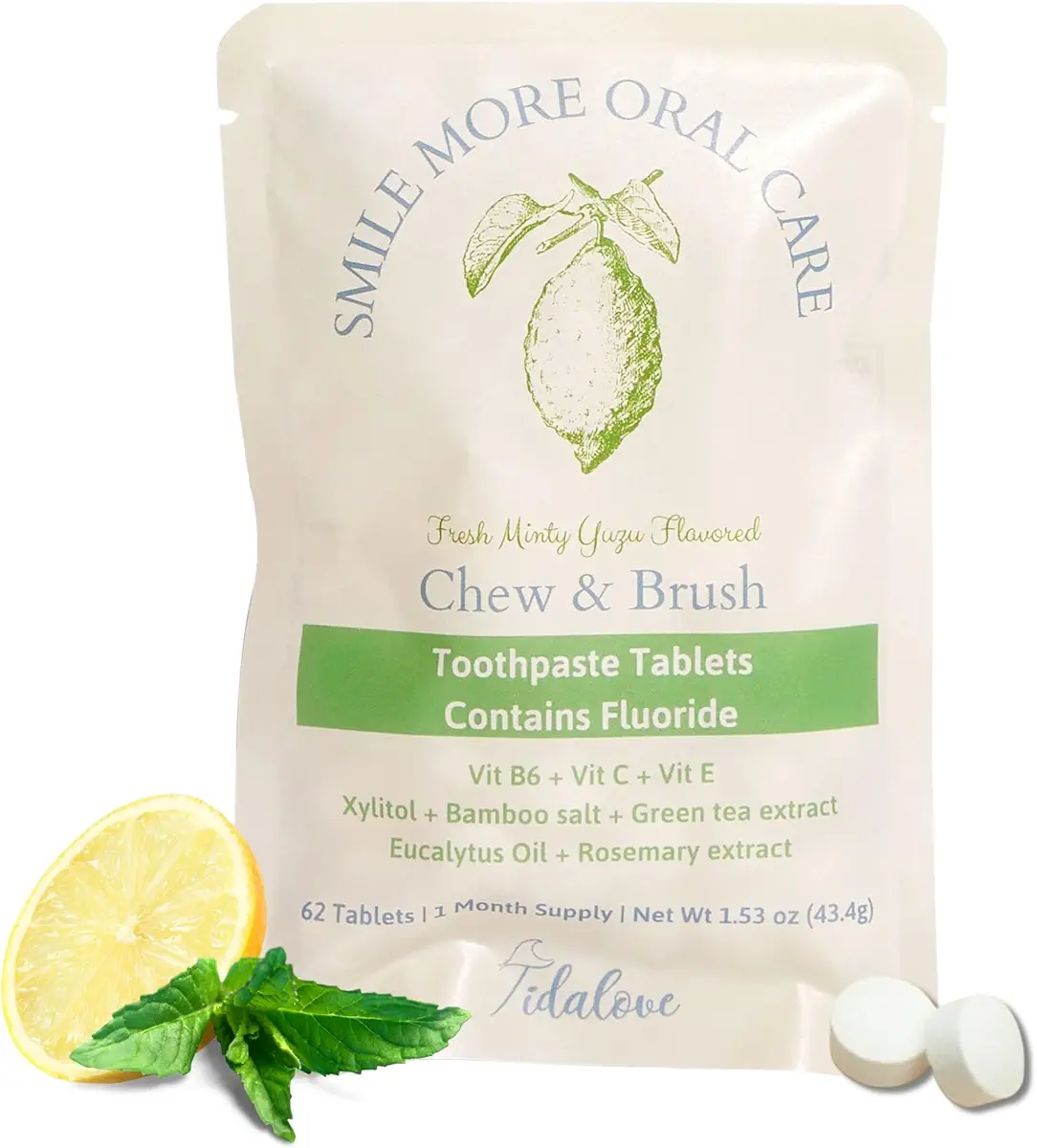 Tidalove Smile More Toothpaste Tablets with Fluoride, Anti-Cavity, Vegan, Zero Waste, Eco-Friendly, Travel Friendly, 1 Month Supply Refill (62 Tablets) (Fresh Minty Yuzu)