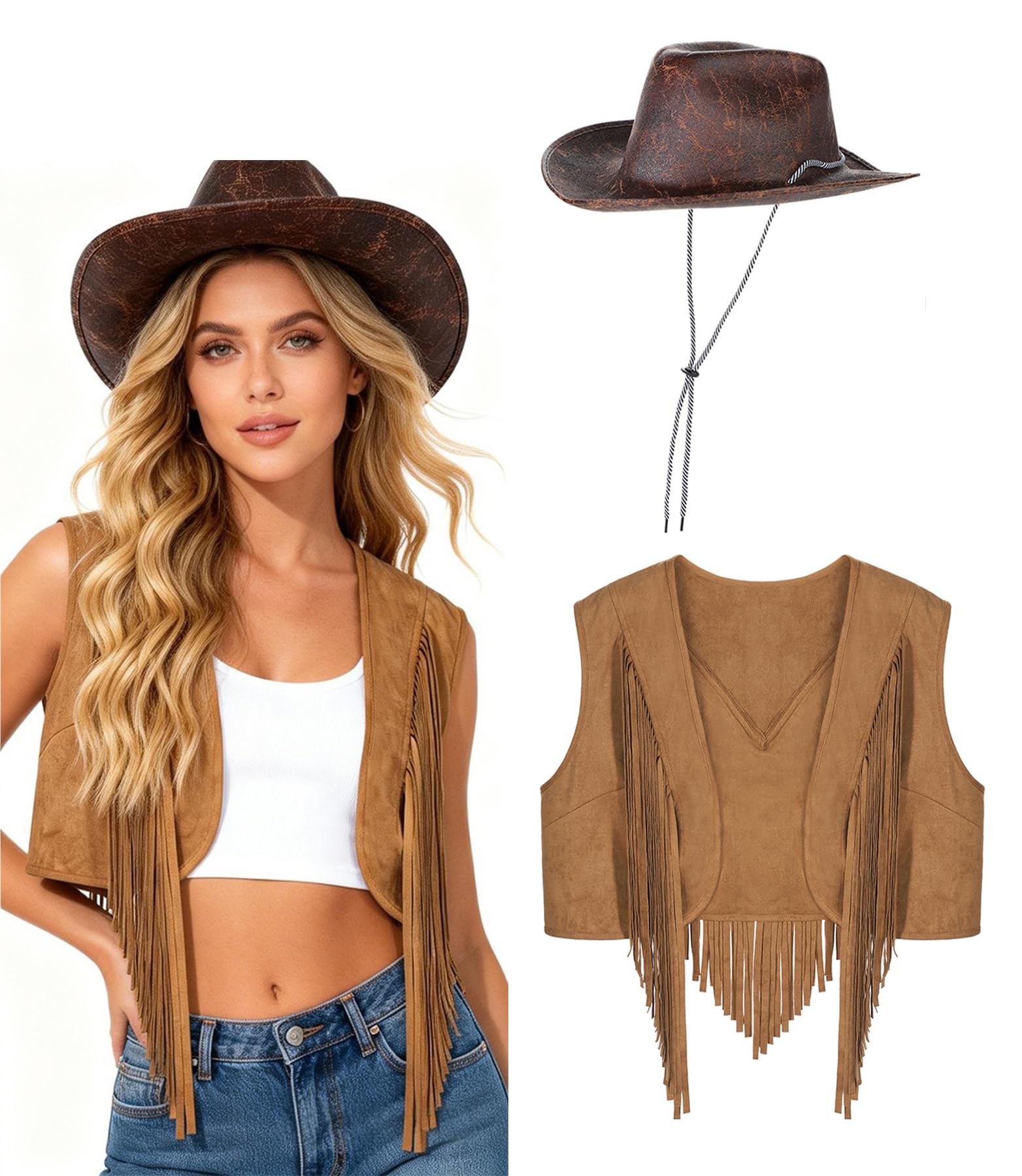 Women Sleeveless Short Jackets Cowboy Hat Outfits Set Ladies Retro Western Cowgirl Hippie Costume Vest with Tassel Faux Suede Cowboy Hat Fringe Vest Fancy Dress Costume Set Brown
