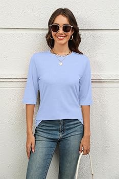 RightPerson Maglietta Donna A Mezza Manica – Cotone Elasticizzato, Girocollo, Blu, Taglia S - 4