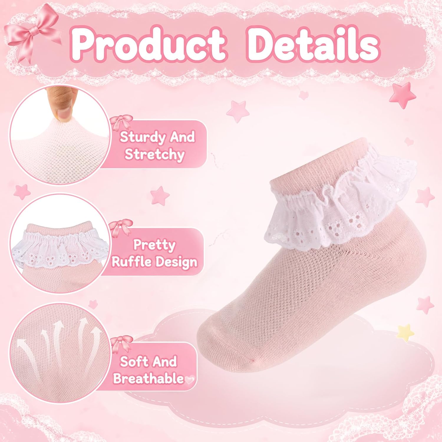 8 Pairs Toddler Cotton Ruffle Ankle Socks for Girls | 80% Cotton 20% Spandex, Soft Stretchy Fit, 2-8 Years Toddler Size, Breathable, Casual Party Dress Use