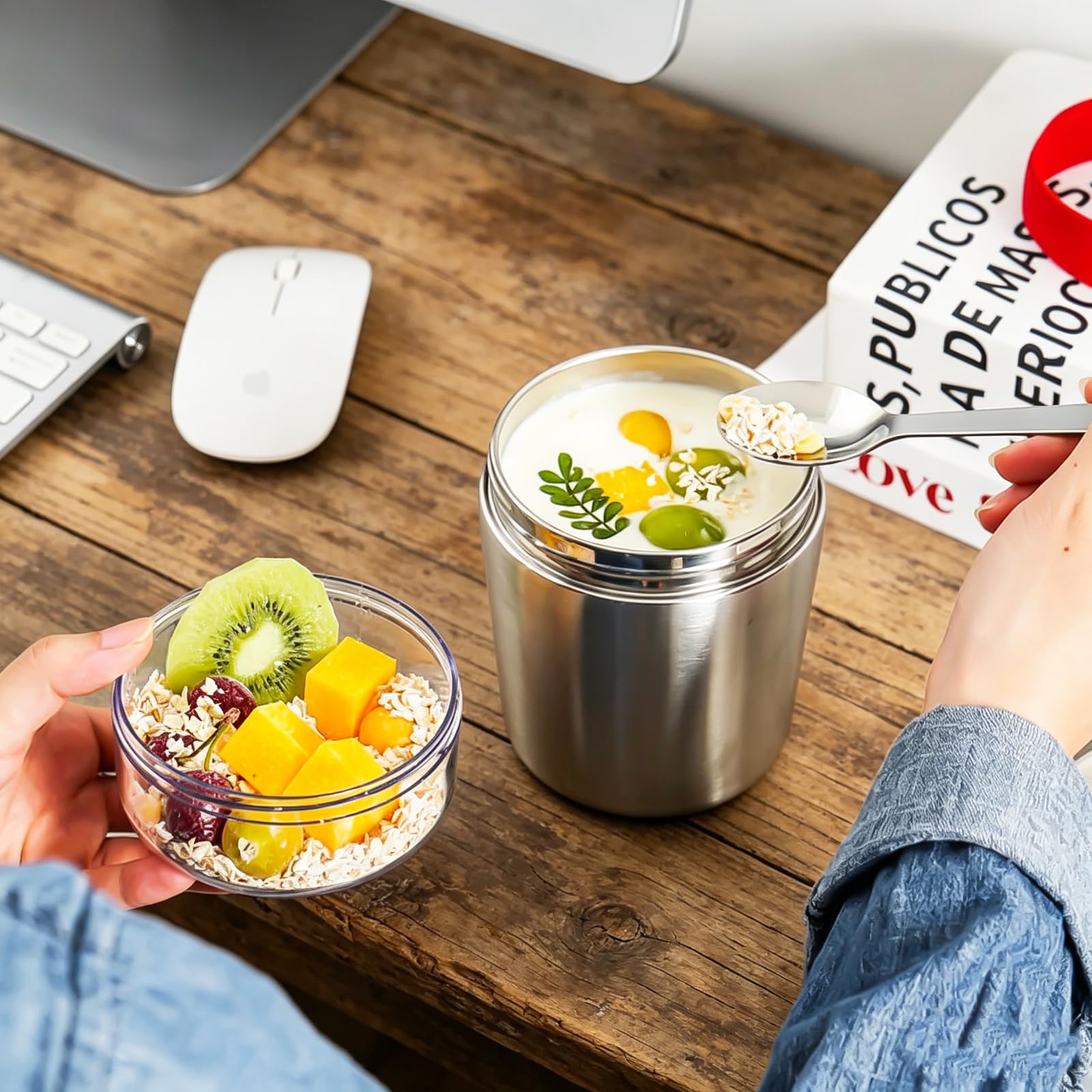 MplehDa Edelstahl Müslibecher to go 500 ml + 220 ml Joghurt und Müsli to go Becher Jogurtbecher für Unterwegs mit Löffel Auslaufsicher Isoliert