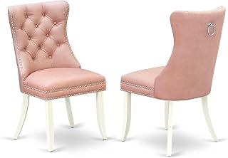 DAPHF26 Dallas Parsons Dining Chairs - Button Tufted Nailhead Trim Burgundy Polyester Fabric Padded Chairs, Set of 2, Wirebrushed Bright Linen white