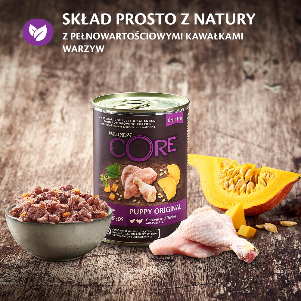 Wellness CORE 95% 6 x 400g, Kurczak i Indyk – Mokra Karma, Pasztet typu Chunky dla Szczeniąt, Bezzbożowa, Naturalna, Hipoalergiczna, Bogata w Białko, o Wysokiej Zawartości Mięsa