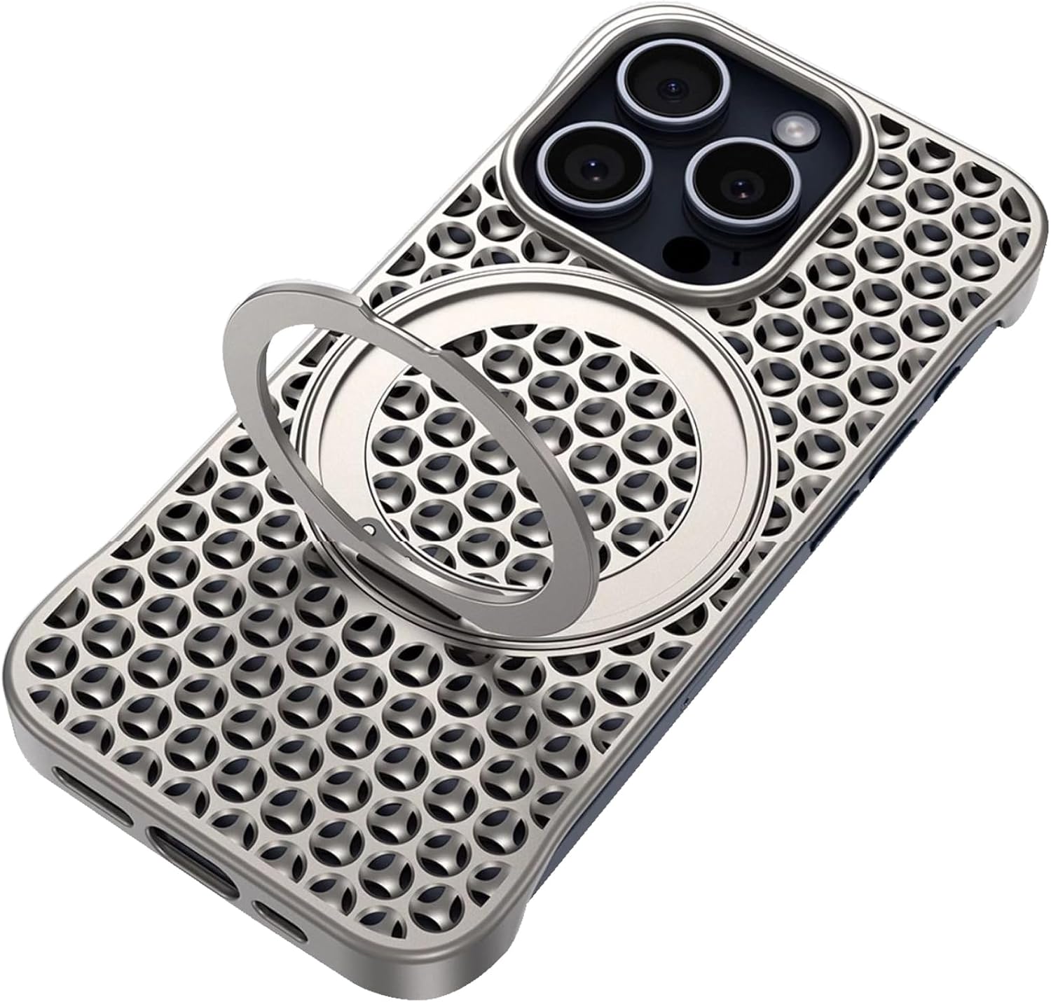 Case for iPhone 15 Pro Max/15 Pro/15, Ultra-Thin PC Heat Dissipation Case with Magnetic 360° Rotating Kickstand, Edge-Free Design,Gray,15 Pro