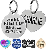 Vista 1 de GoTags Stainless Steel Pet ID Tags, Personalized Dog Tags and Cat Tags, up to 8 Lines of Custom Text, Engraved on Both Sides, in Bone, Round, Heart
