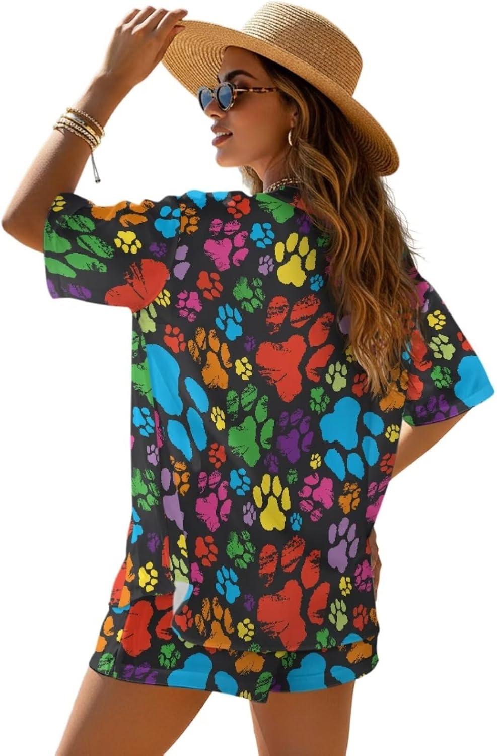 Women's 2 Piece Outfits Summer Shirt Set Kimono Style Shirts and Shorts Beach Sets