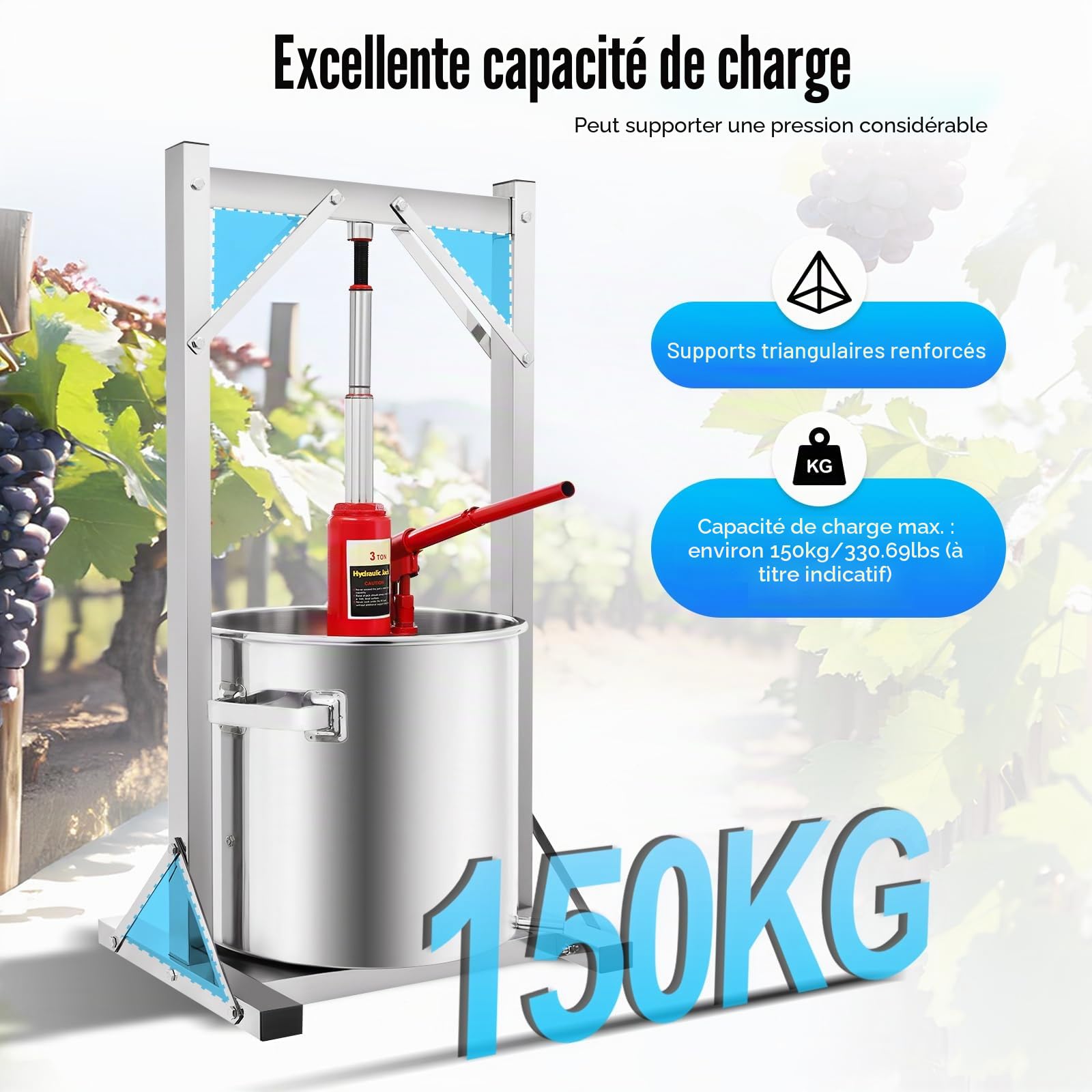 Presse-fruits hydraulique, 22 l, pression 3 tonnes, presse-vin, presse-vin, presse-légumes, presse-baies, presse-agrumes multifonction en acier inoxydable, avec filtre à vin, pour presser le miel, les