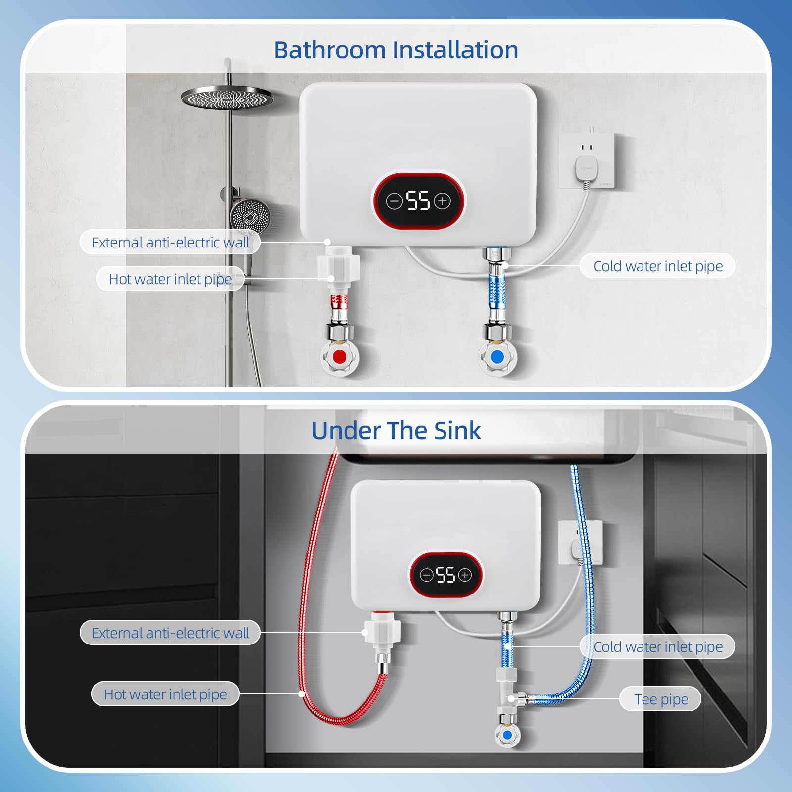 Elektrischer Durchlauferhitzer 5,5kW, 220V Instant Warmwasserbereiter mit Digitaldisplay & 3-Stufen-Leistungsmodus, IPX4 30-52℃ für Dusche, Küche & Garten [Energieklasse A] - Mit Regen