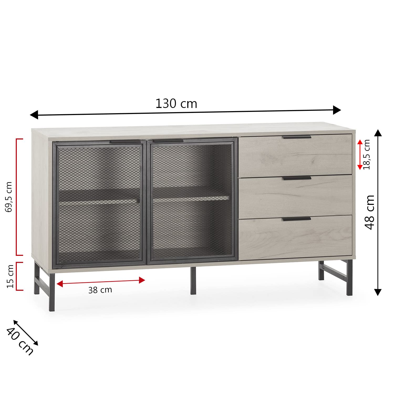 HOMN LIVING ISIS Sideboard Wohnzimmer mit 2 Türen, Metall, Schwarz und 3 Schubladen, 130 cm (Breite) 40 cm (Tiefe) 70 cm (Höhe) Küche,