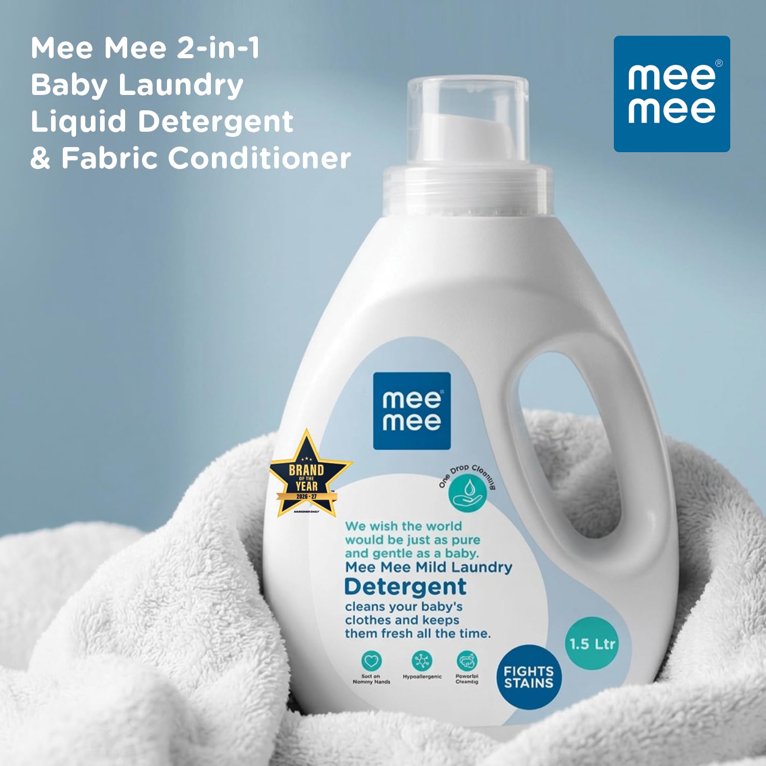 Mee Mee Baby Liquid Detergent 1.5 L | pH Balanced, Free from Harsh Chemicals, Safe for Mother’s Hands & Baby’s Skin | Anti-Bacterial, Removes Stains & Odor with One Drop, Hypoallergenic | Mild Scent 1
