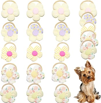 20 Pcs Handmade Cute Puppy Hair Bows, Flower Bowknot with Rubber Bands for Small Dog Hair Ties Accessories Cream Yellow