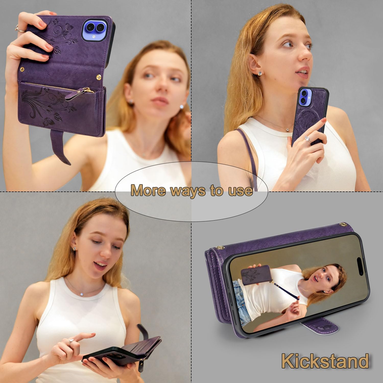 Lacass for iPhone 16 6.1 inch Detachable Crossbody Wallet Case, Compatible with MagSafe Wireless Charging, [Cards Theft Scan Protection], Magnetic Case Stand PU Leather Zipper(Floral Dark Purple)