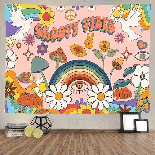 Ine Ive Groovy Tapestry GTDWIE0092 - Tapiz de pared de fiesta de 80 x 60 pulgadas, diseño de margaritas arco iris, retro, hippie, bohemio, para disponible en Yaxa Venezuela