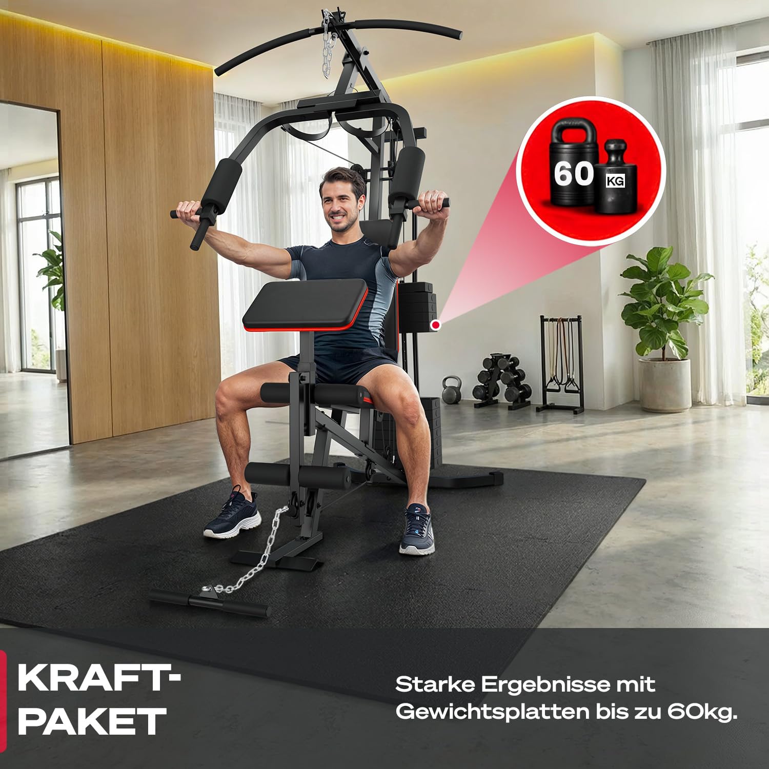 Kraftstation für zuhause, Multifunktion Fitnessstation, Bauchtrainer, Home Gym, 60 kg Gewichte, Butterfly, Beinstrecker, Latzugstange, Bizepscurl, Ganzkörpertraining, Multigym, HGX50