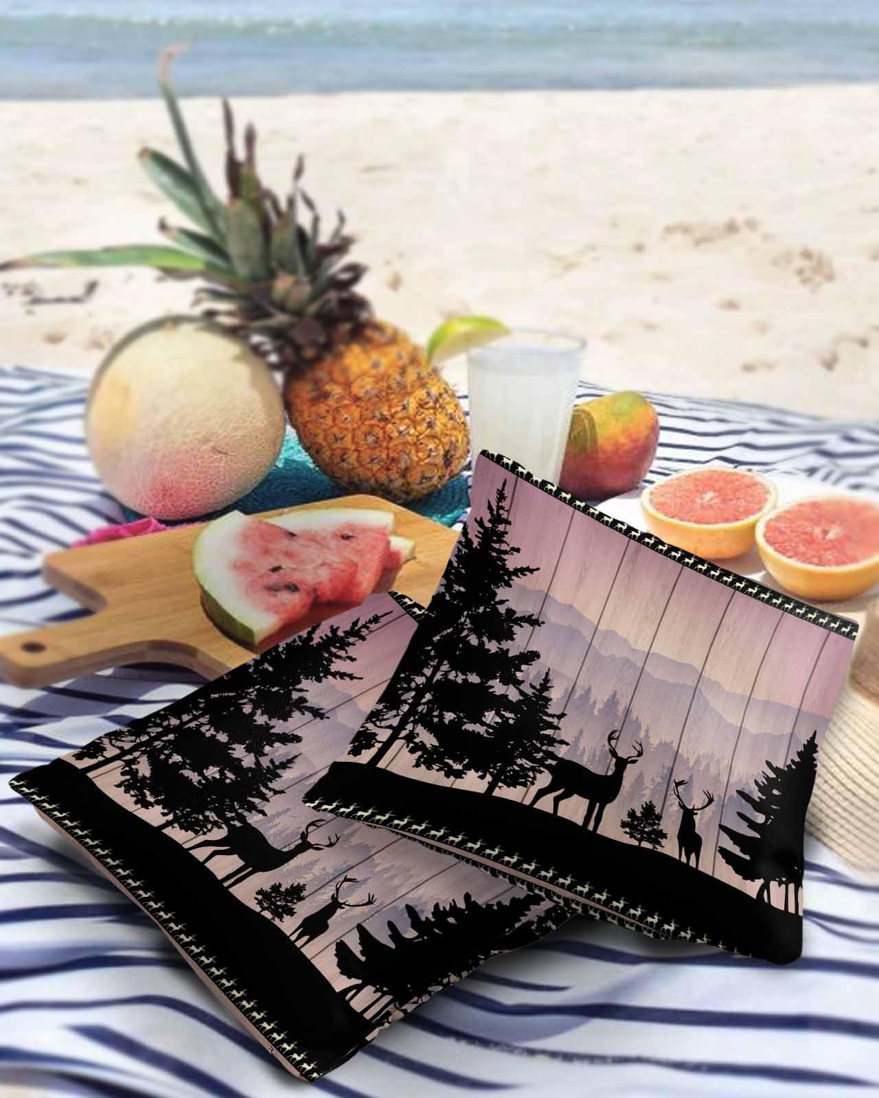 Pink Forest Elk Outdoor Pillow Cover 24x24 Inch Cushion Sham Case,Waterproof Decorative Square Throw Pillowcase for Outside Garden Patio Porch Couch Chair Tent Cabin Purple Mountain Lodge Wood Grain