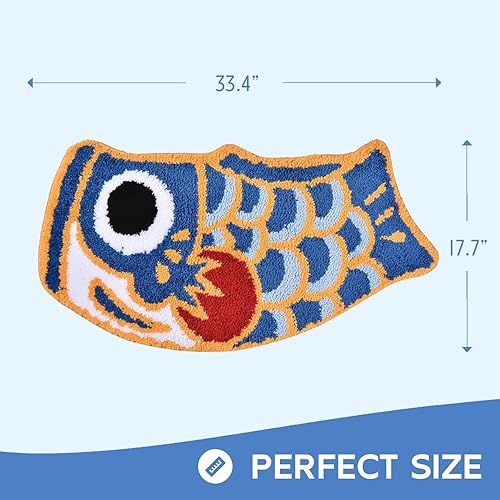 Miniatura 2 de Bonita alfombra de baño de peces para baño, bandera japonesa de Koi, suave, absorbente de agua, antideslizante, lavable a máquina (azul)