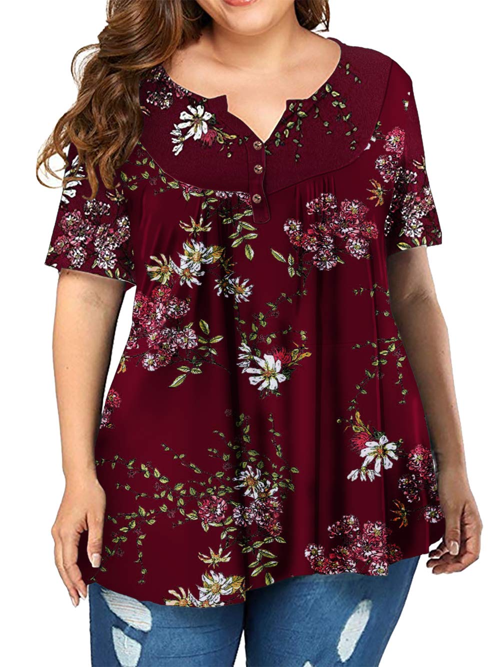 VISLILYWomen's Plus Size Henley Shirts Flowy Summer Tops Pleated Buttons Up Tunics