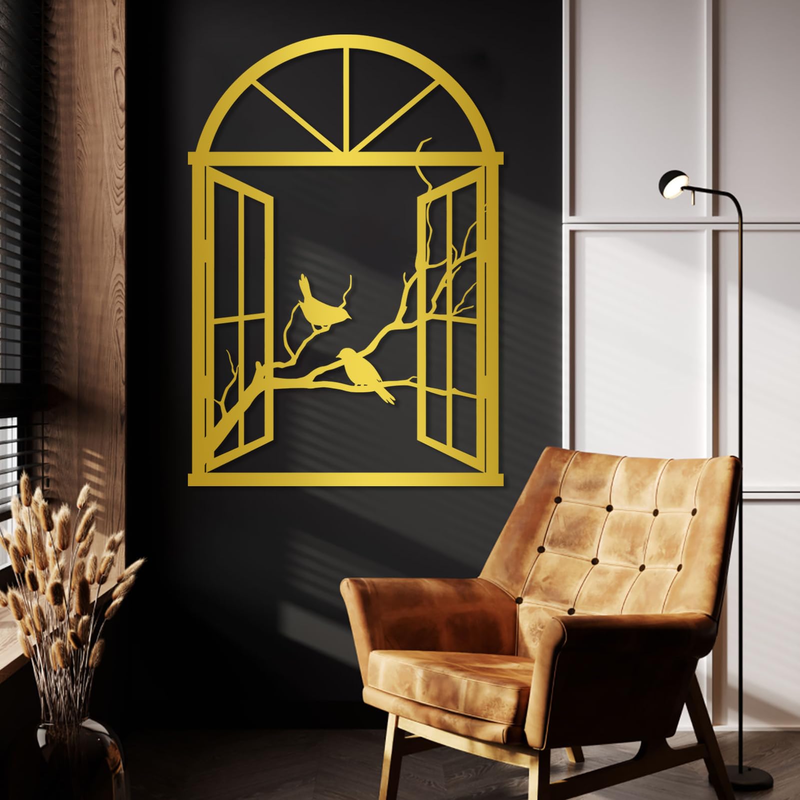 Decorazione murale in Metallo con Uccelli Neri su Ramo, Arco Decorativo Rustico in Metallo per Finestra, Scultura Moderna con Uccelli per Soggiorno, Camera da Letto, corridoio (Bianco 89 cm