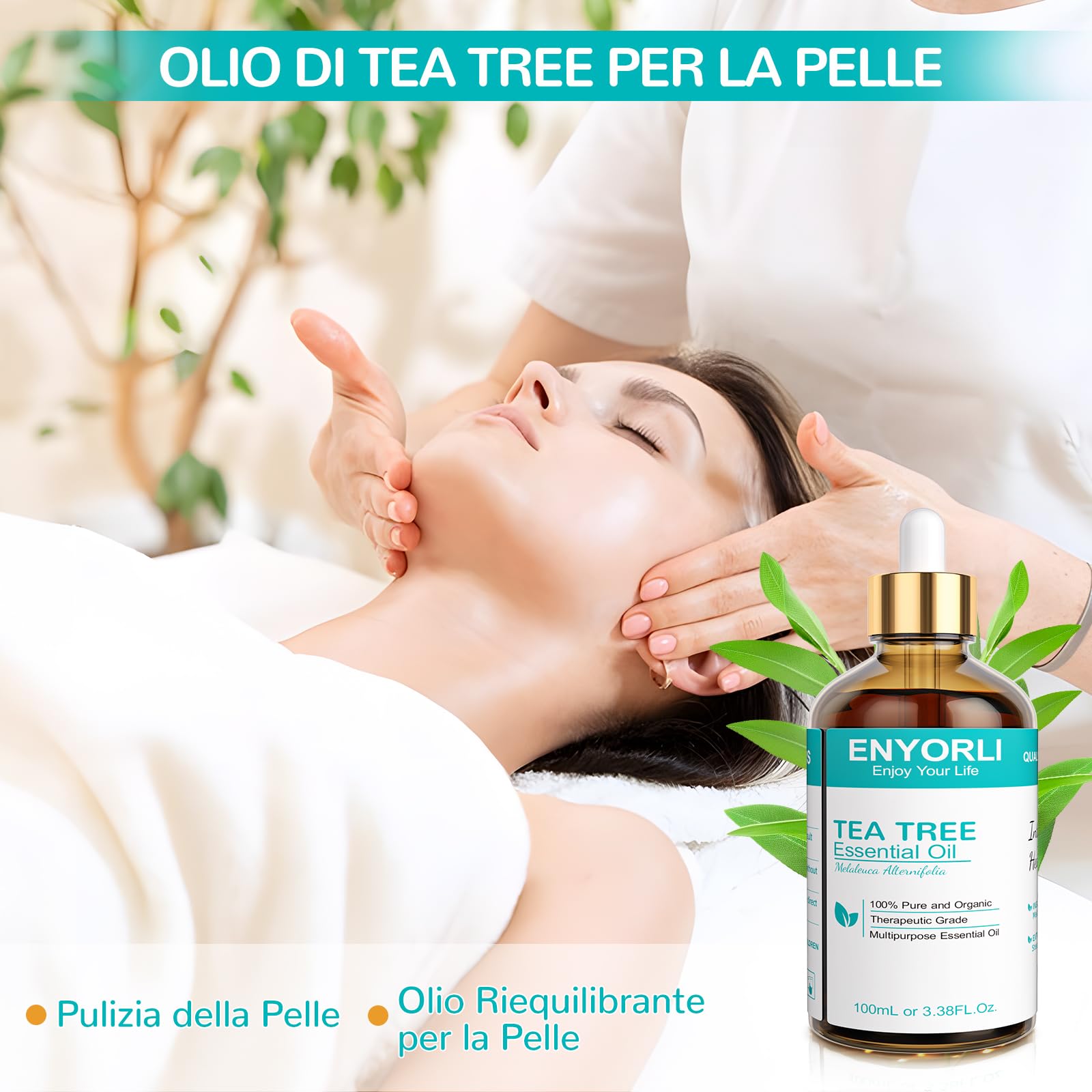 ENYORLI Tea Tree Essenziale Olio 100ml Naturale Tea Tree Olio per Pelle Viso Capelli Unghie, Aromaterapia, Diffusori, Fabbricazione di Candele, Massaggi, Cura della Casa, Sterilizzazione, Uso Esterno