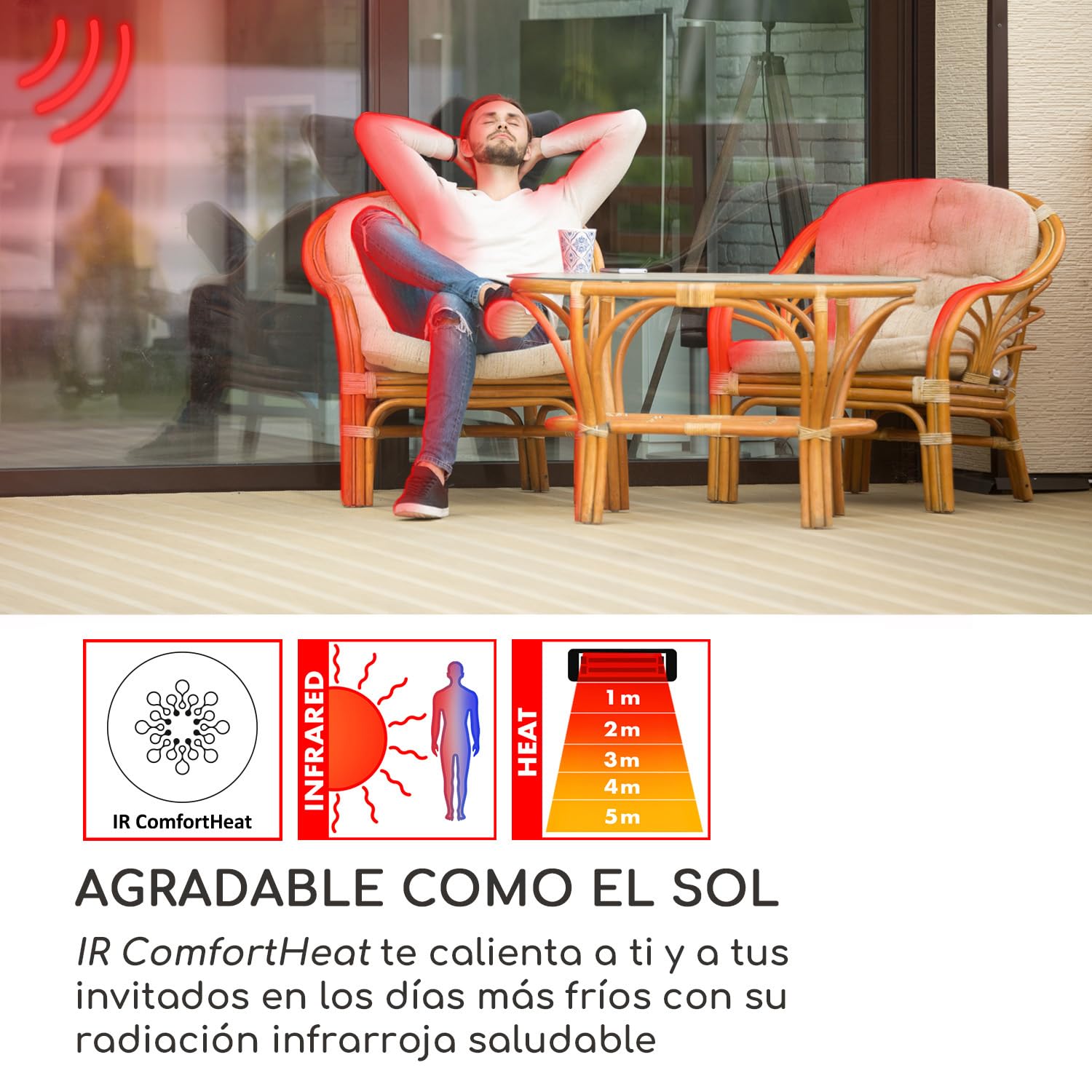 Blumfeldt Phantom - Radiador de Exterior, Calentador Radiante, Calor infrarrojo, Potencia 2 Niveles, Sistema IR-ComfortHeat, Temporizador de Apagado, Vidrio Schott, Aluminio