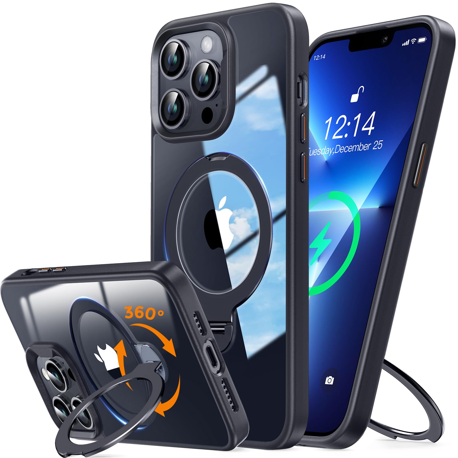 YUNHUASM [360° Rotatable Stand Magnetic Ring for iPhone 13 Pro Case[Compatible with MagSafe][ Ultra-Clear Back] Military Drop Protection, Secure Grip,