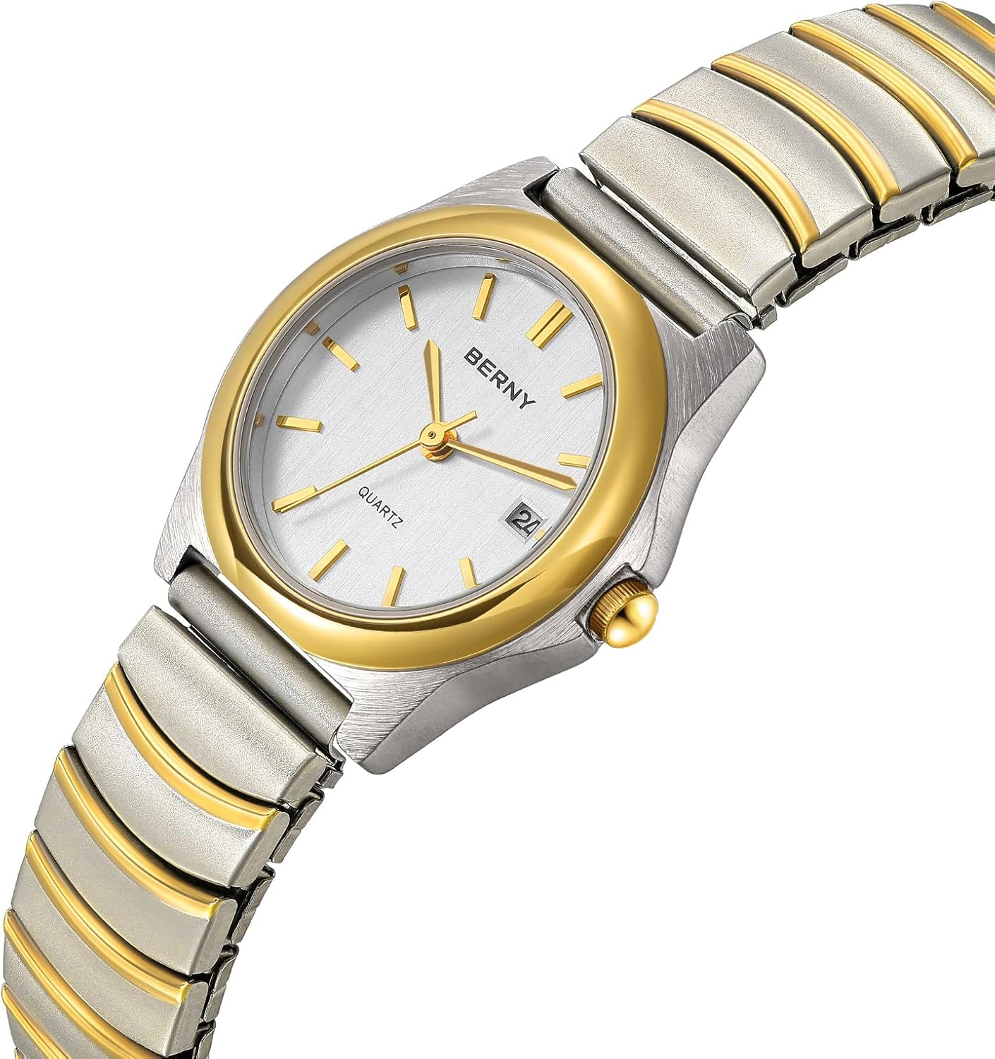BERNY Dainty Watches for Women with Elastic Band Ladies' Analog Quartz Watch Ultra Thin Golden/Silver Two-Tone Stainless Steel Expansion Strap 3ATM Waterproof
