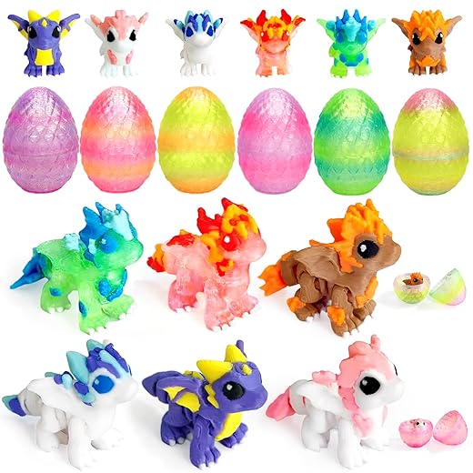 6PCS 3D Printed Dragon Figurine Set - Elemental Dragon & Egg Collection for Adult Collectors, Fantasy Display Toys with Articulated Design, Easter Gifts, Classroom Prizes, Party Favors (14+)