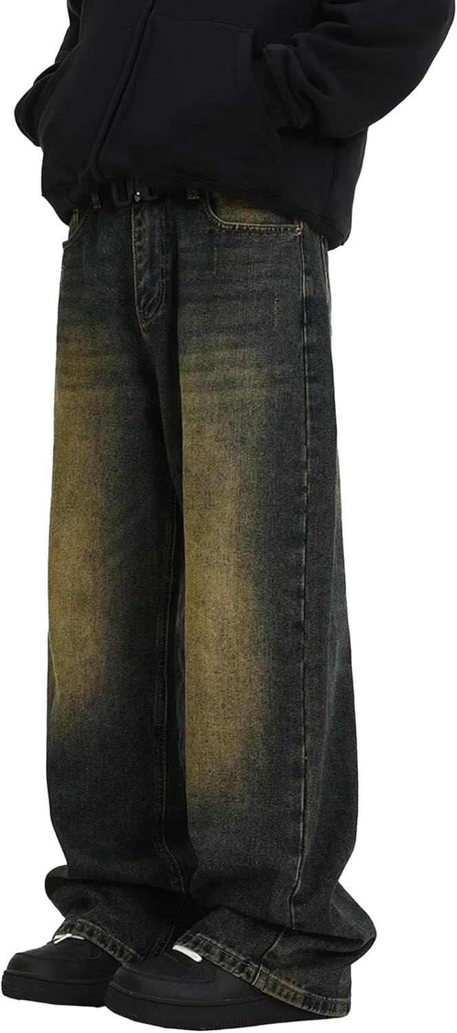 DGHM-JLMY Men's Straight Wide-Legged Jeans Trousers Mid Waisted Fashion Casual Denim Pants Loose Comfortable Jeans