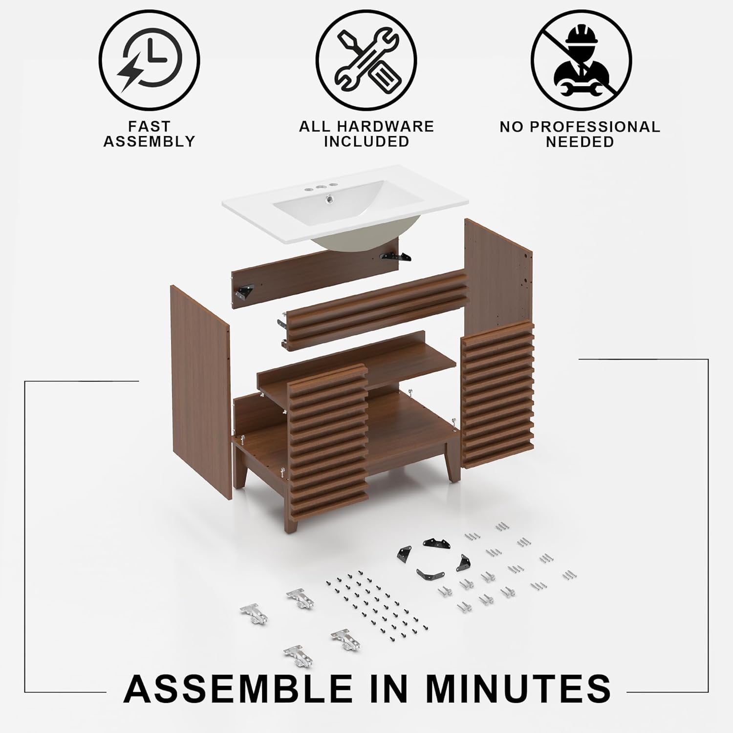 30 Inch Bathroom Vanity with Sink, Freestanding Bathroom Cabinet, Modern Wood Grain Vanity for Bathroom, Soft-Close Double Doors, Rustic Brown