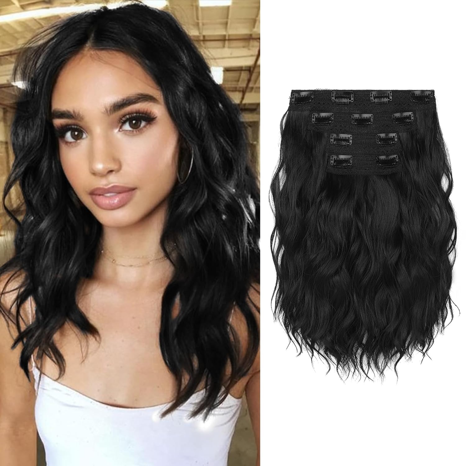 Clip in Hair Extensions – 12″ Short Curly Wavy Black Hair Extensions 4PCS Invisible Lace Weft Natural Soft Hairpieces for Women – Natural Black