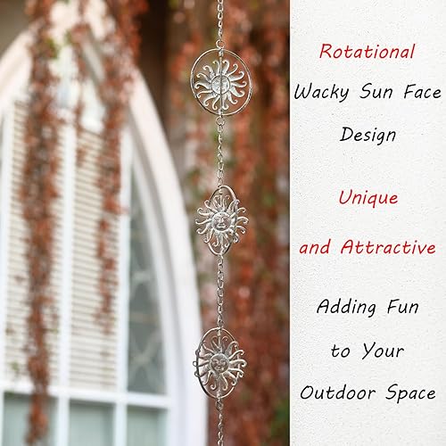 Miniatura 5 de Cadenas de lluvia con cara de sol, 2.6 m de longitud, cadenas de canalones de lluvia, reemplazo funcional y decorativo para bajantes de canalones,