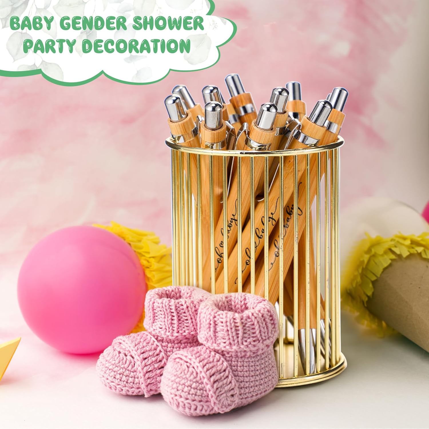 Yeaqee 100 Sets Greenery Baby Shower Pen Gifts for Guest Greenery Woodland Baby Shower Favors Retractable Pens Bamboo Pens Gender Reveal Greeting Cards Souvenirs Prizes