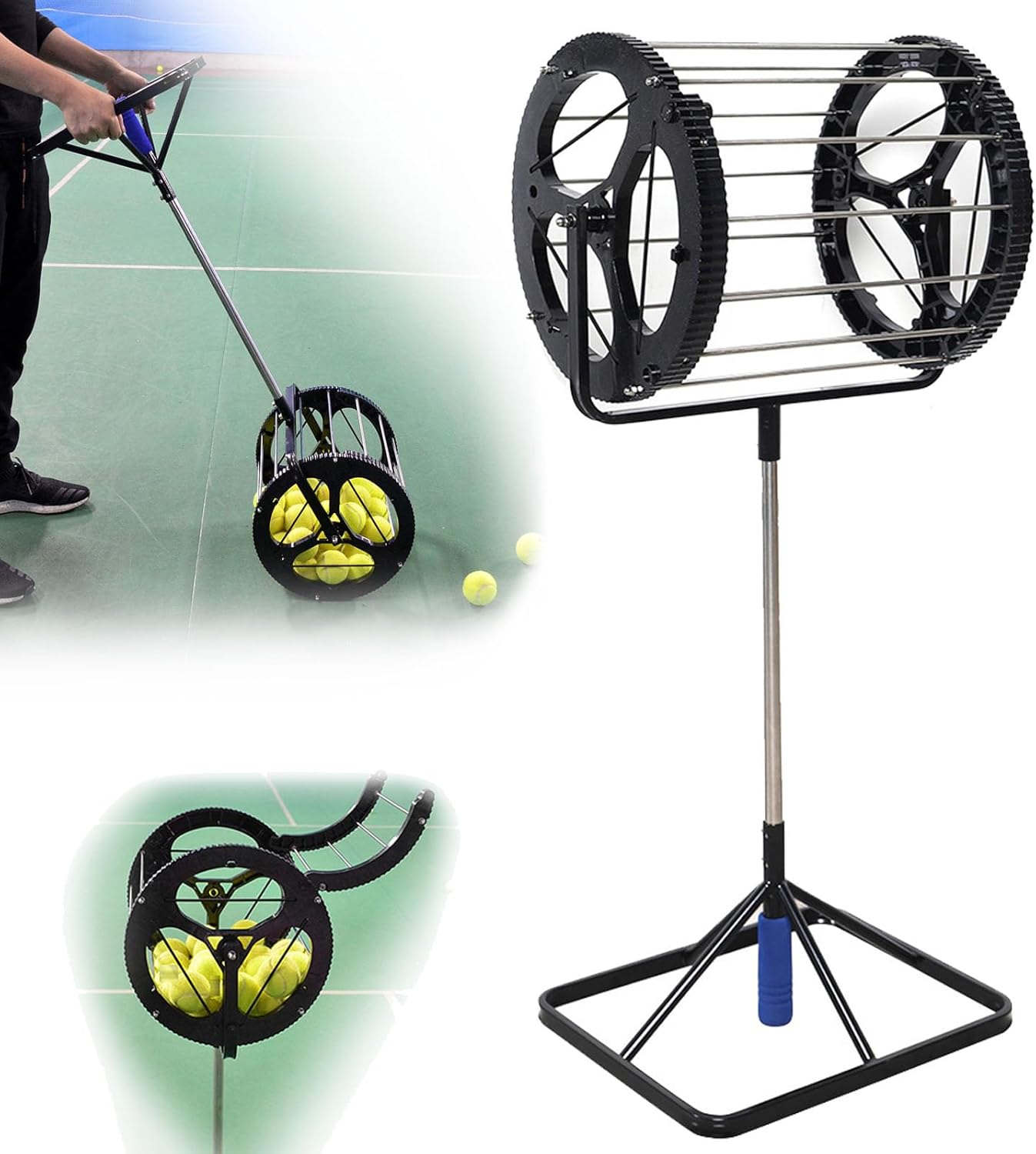 LYNICESHOP 2 in 1 Tennis Ball Pickup, Automatic Ball Receiver with Handle, Holds Up to 55 Tennis Balls
