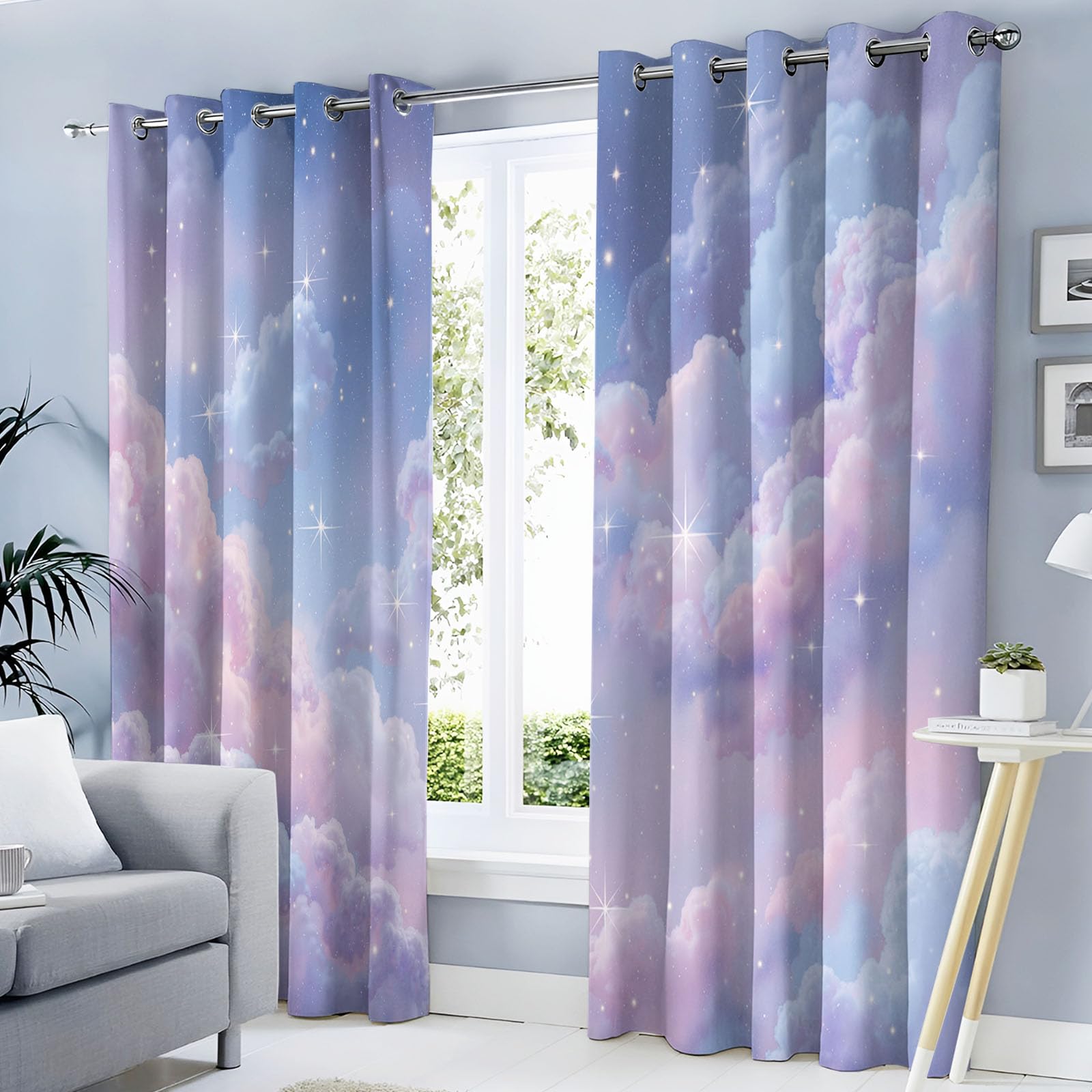 Style Aquarelle Rideau Occultant,Étoiles Et Nuages Rideaux Thermiques À Oeillets, Rose-Violet Rideaux Imprimé pour Salon Chambre Fenetre Décoration - L140×H260Cm (2 Panneaux)