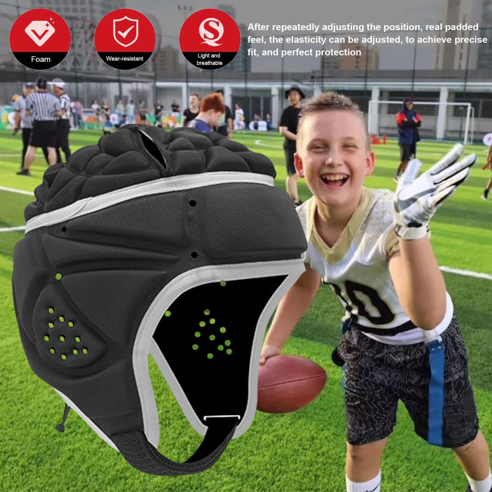 Casque De Protection Rugby Ultra-Mince, Couvre-Chef De Football Souple Réglable pour Enfant Garçons - 34x20cm, Les 6 À 13 Ans