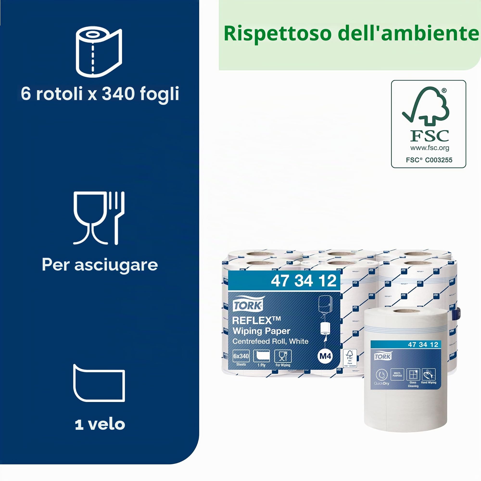 Tork 473412 Reflex Carta per asciugatura QuickDry Premium, compatibile con il sistema M4 (estrazione centrale Reflex), monovelo, 1 conf. x 6 rotoli, colore bianco