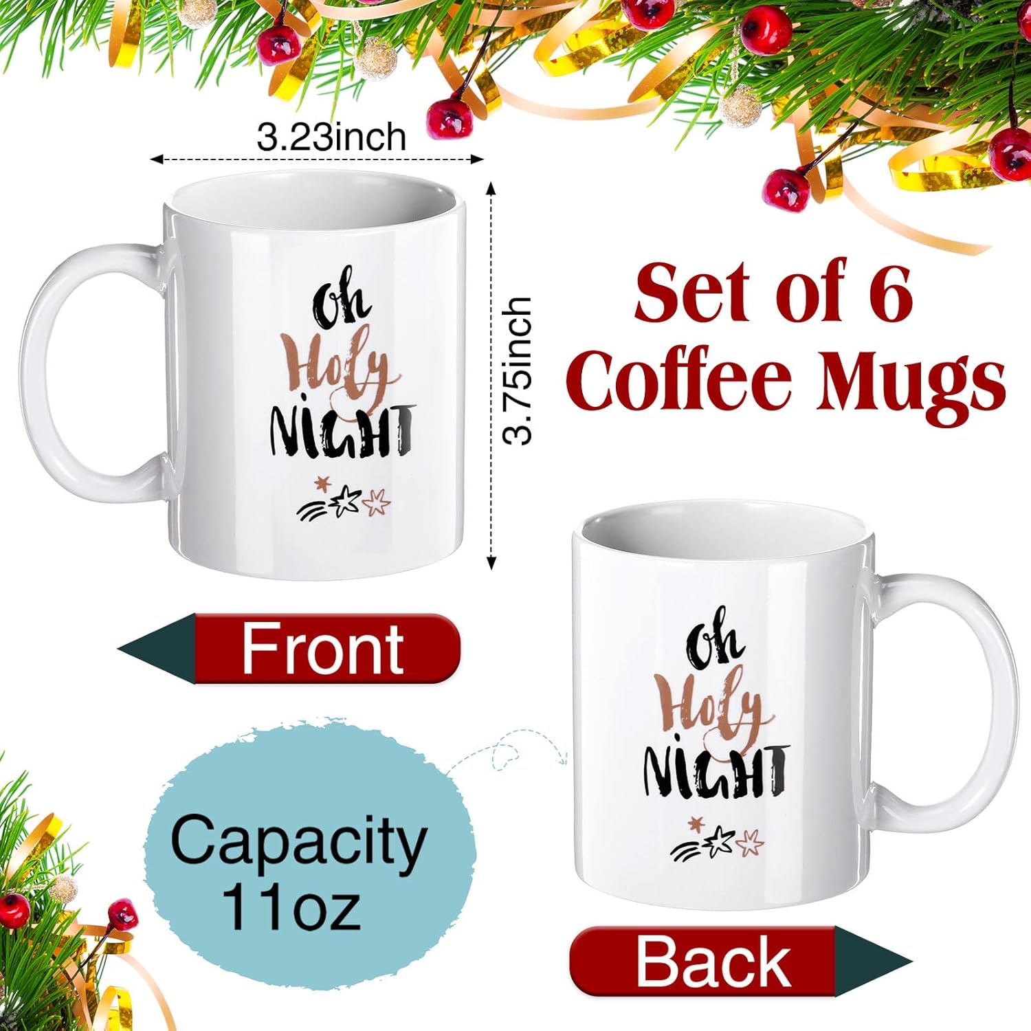 Zubebe 6 Pcs Christmas Coffee Mugs Set 11oz Elk Pattern Ceramic Coffee Cups Stackable Cocoa Milk Tea Holiday Mugs Christmas New Year Party Decor Gift for Women Family Friends Colleagues