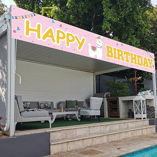 Miniatura 6 de Cartel de llama alpaca con texto en inglés «Happy Birthday» de color rosa, bonito telón de fondo para decoración de patio, niña, niño, princesa,